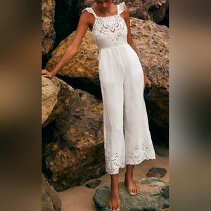 $138 NWT Anthropologie Jumpsuit Ivory Linen Blend Boho Sz L Wide Leg Eyelets